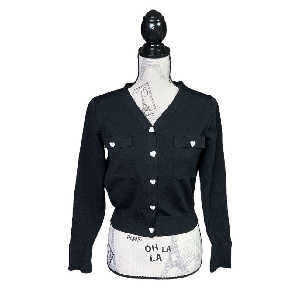 Black Heart-Button V-Neck Cardigan Sweater